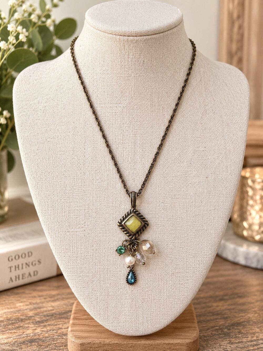 Lia Sophia Meltaway Faux Pearls Clear Blue Green Cut Crystal Gold Necklace Chain